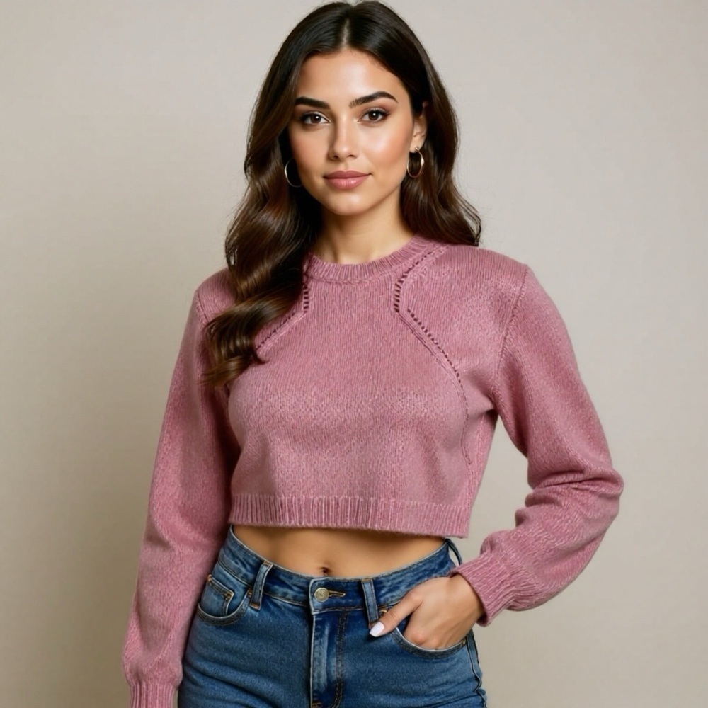 MNG Pink Knit Sweater Womens Size XL Crop Polyester Wool Blend